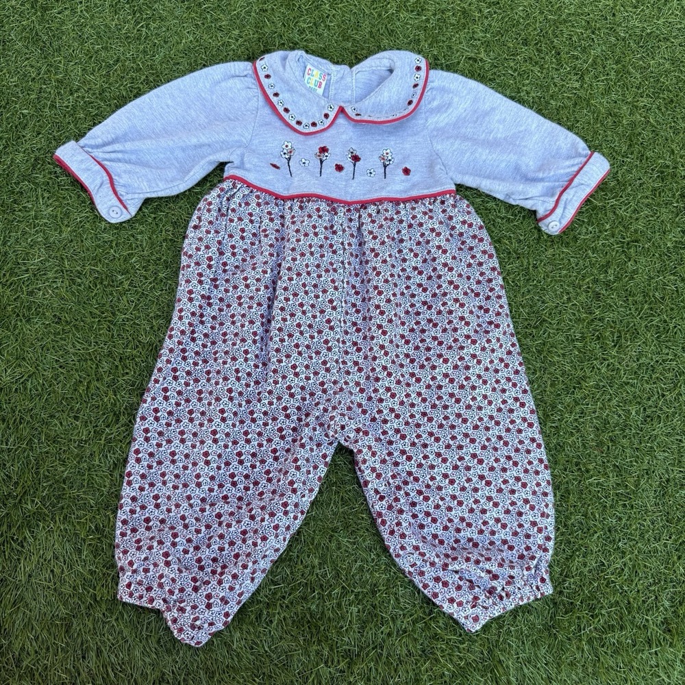 Vtg 90s Class‎ Club Romper Infant Girls Size 12 Months Embroidered Flowers Gray